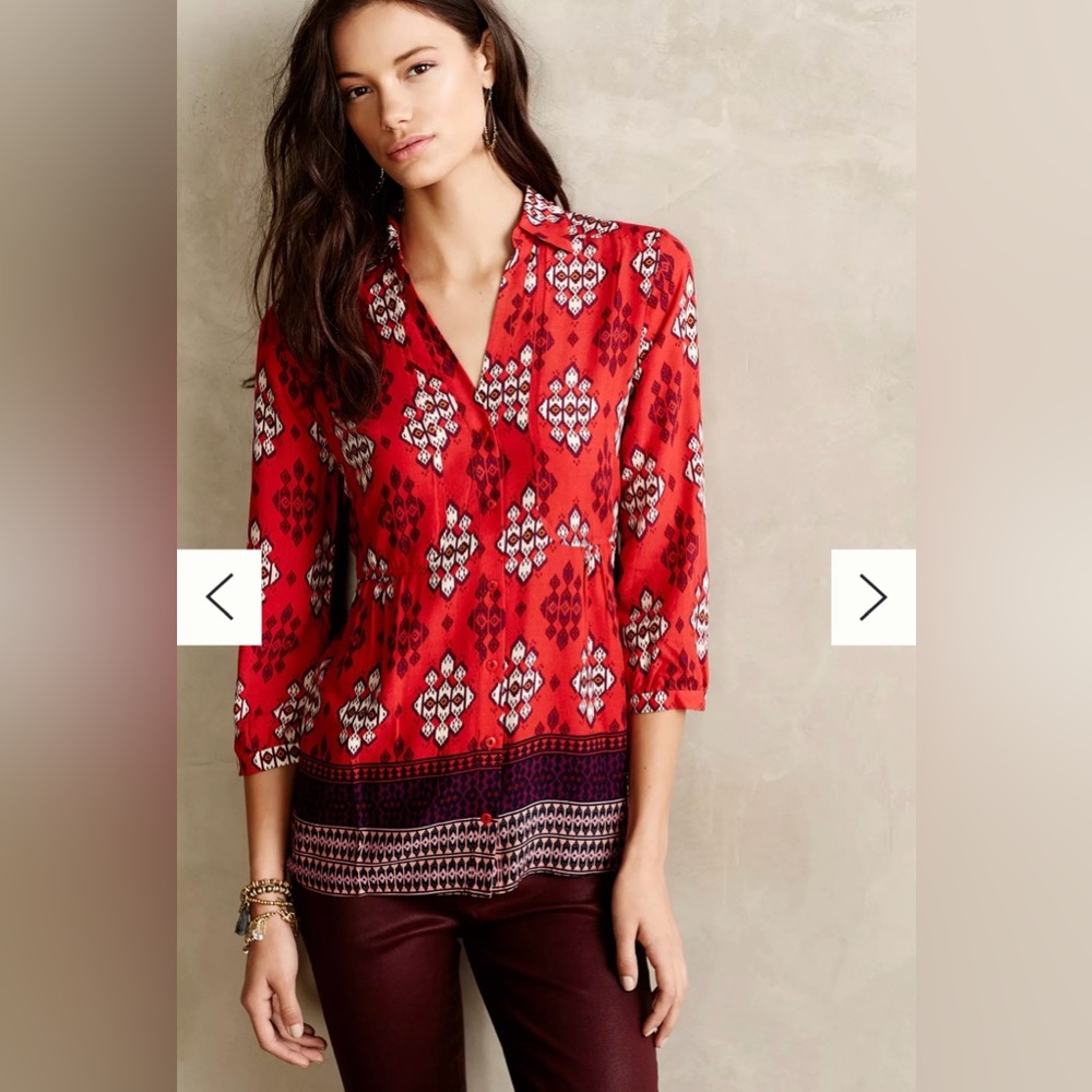 Anthropologie Maeve Woodland Walk Buttondown red aztec ikat boho blouse size 2